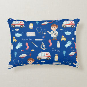 Little Boy Doctor Medical Pattern with Name, Blue Decorative Cushion