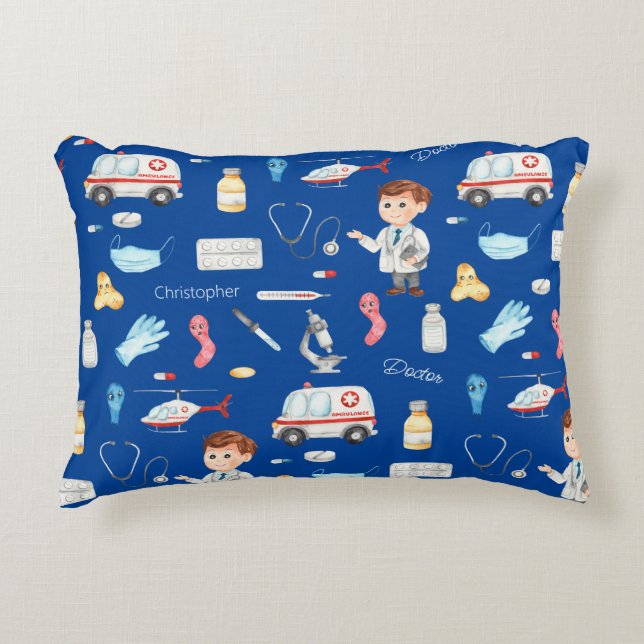 Little Boy Doctor Medical Pattern with Name, Blue Decorative Cushion (Front)