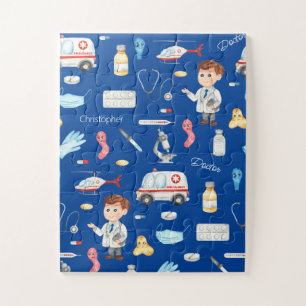 Little Boy Doctor Medical Pattern with Name, Blue Jigsaw Puzzle