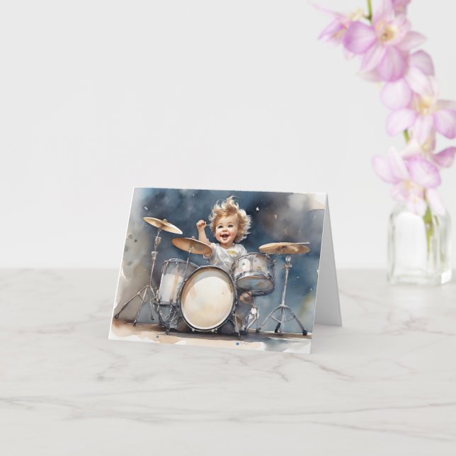 Little Boy Drummer Watercolor Illustration Blank  Card (Orchid)