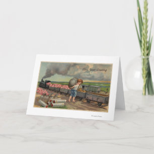 Little Boy Dumping Money in Train Holiday Card