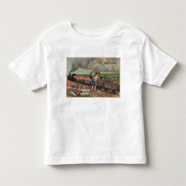 Little Boy Dumping Money in Train Toddler T-Shirt (Front)