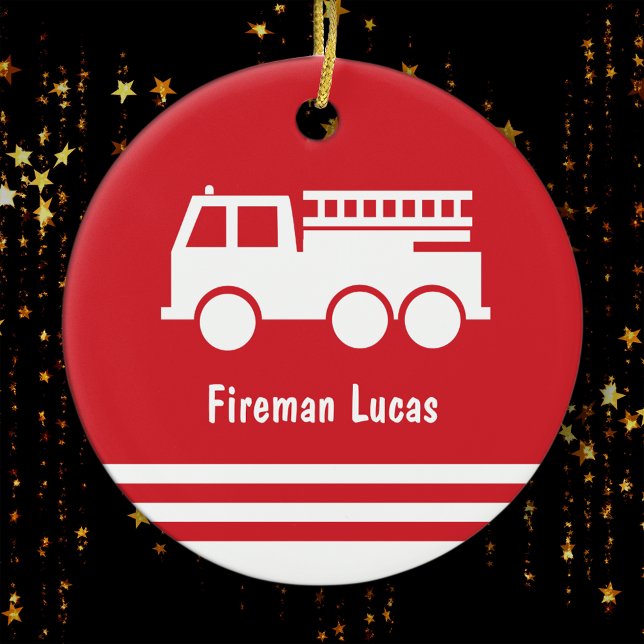 Little Boy Fire Truck  Red and White Christmas Ceramic Ornament (Creator Uploaded)