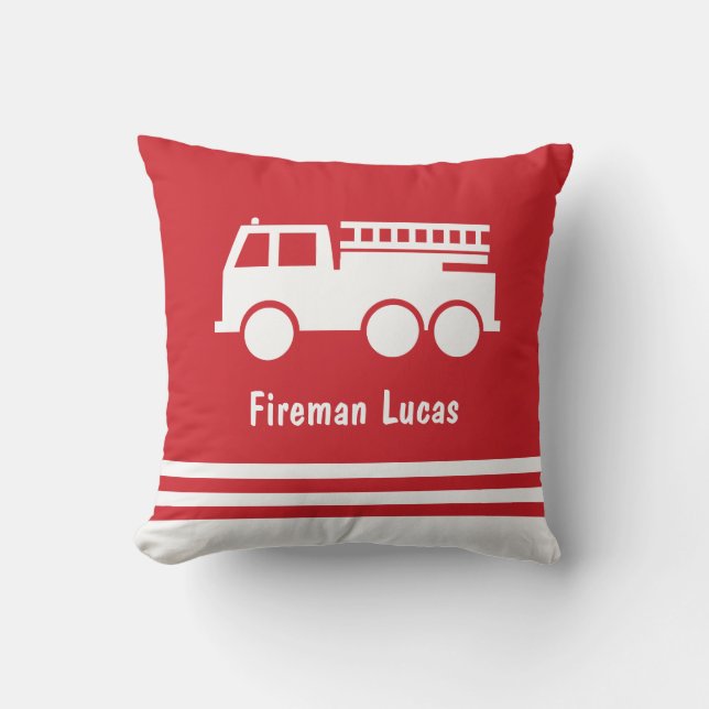  Little Boy Fire Truck With Name Red and White Cushion (Front)