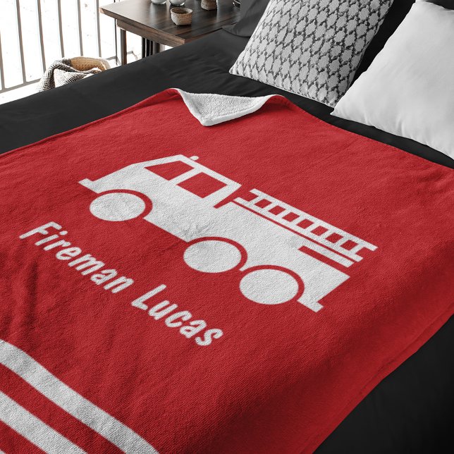  Little Boy Fire Truck With Name Red and White Fleece Blanket (Creator Uploaded)