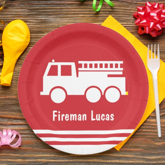 Little Boy Fire Truck With Name Red and White Paper Plate (Creator Uploaded)