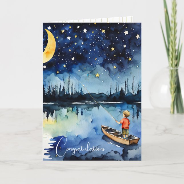 Little Boy Fishing for New Baby Congratulations Card (Front)