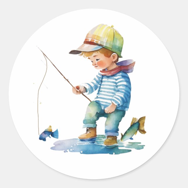 Little Boy Fishing Illustration   Classic Round Sticker (Front)