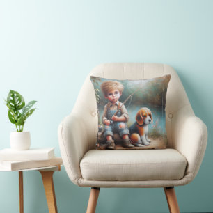 Little Boy Fishing With His Beagle Cushion
