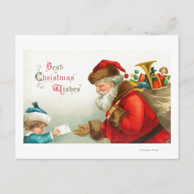 Little Boy Giving Santa a Letter Holiday Postcard (Front)