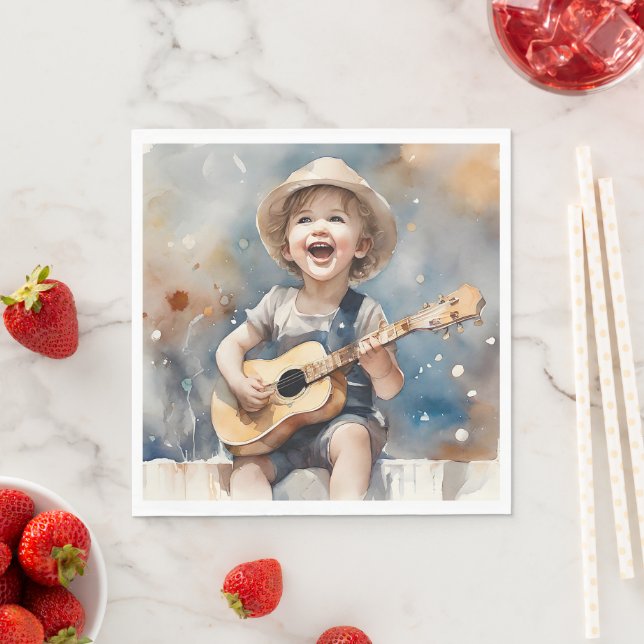 Little Boy Guitar Singing Watercolor Illustration  Napkin (Insitu)