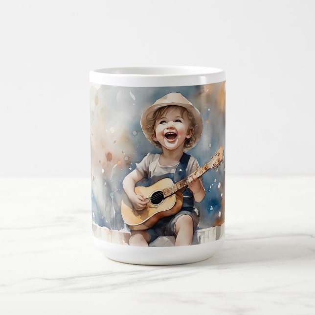 Little Boy Guitar Watercolor Illustration  Coffee Mug (Center)
