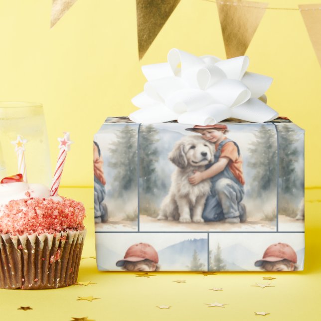 Little Boy Hugging Dog In Watercolor Wrapping Paper (Birthday Party)
