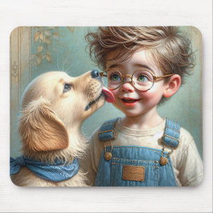 Little Boy Kissed by Golden Retriever Puppy Mouse Pad