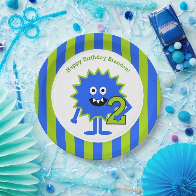 Little Boy Monster 2nd Birthday Blue Green Stripes Paper Plate (Party)