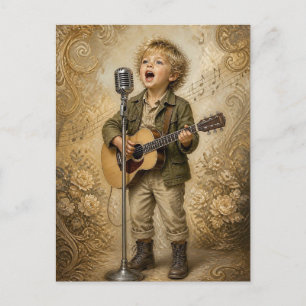 Little Boy Musician Singing and Playing Guitar Postcard