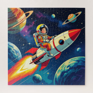 Little Boy on a Rocket Ship Flying through Space Jigsaw Puzzle