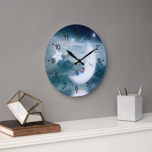 Little Boy on the Moon Clouds Stars  Large Clock (Office)