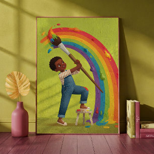 Little Boy Painting a Rainbow Kids Nursery Art Poster