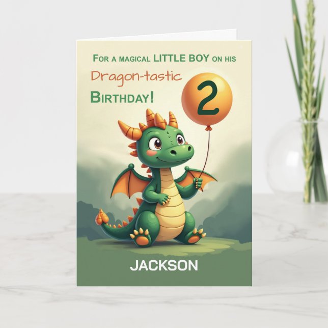 Little Boy Personalise 2nd Birthday Cute Dragon Card (Front)