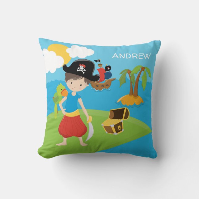 Little Boy Pirate with Treasure and Parrot Cushion (Front)