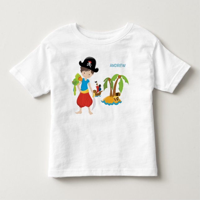 Little Boy Pirate with Treasure and Parrot Toddler T-Shirt (Front)
