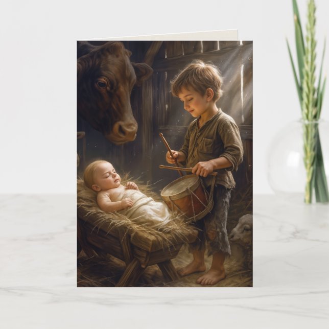 Little Boy Playing His Drum for Baby in Manger Card (Front)