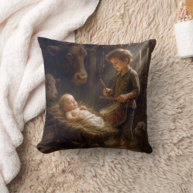Little Boy Playing His Drum for Baby in Manger Cushion (Blanket)