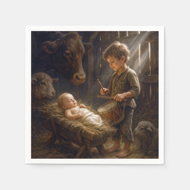 Little Boy Playing His Drum for Baby in Manger Napkin (Front)