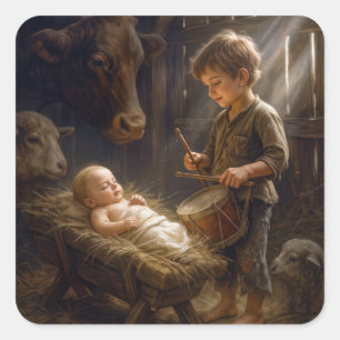 Little Boy Playing His Drum for Baby in Manger Square Sticker