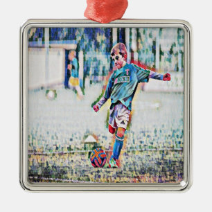 Little boy playing soccer metal ornament