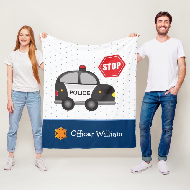 Little Boy Police Officer and Car Fleece Blanket (In Situ)