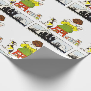Little boy reading wrapping paper