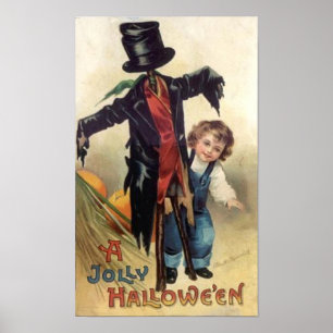 Little Boy & Scarecrow Vintage Halloween Poster