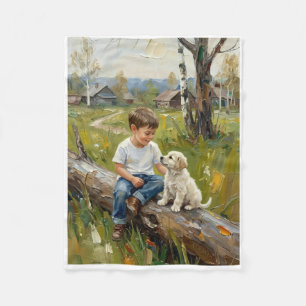 Little Boy Sitting With Friendly Dog By River Flee Fleece Blanket