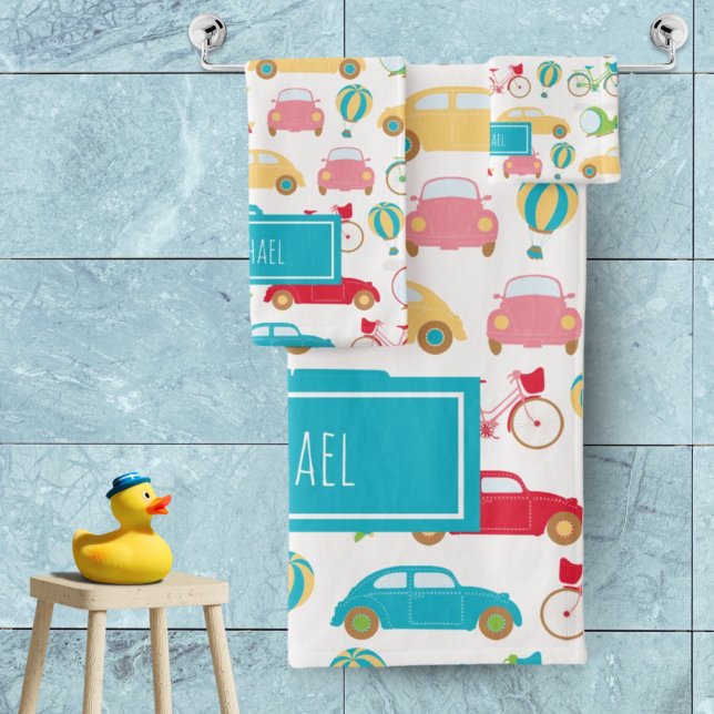 Little Boy Vehicle Pattern with First Name Bath Towel Set (Creator Uploaded)