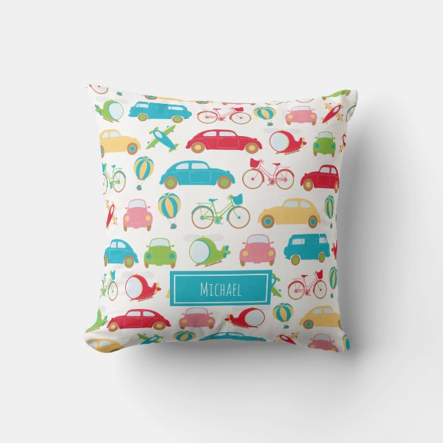 Little Boy Vehicle Pattern with First Name Cushion (Front)