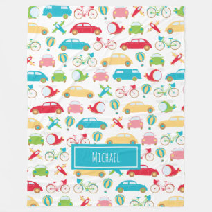Little Boy Vehicle Pattern with First Name Fleece Blanket
