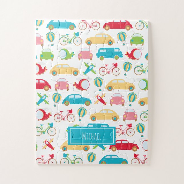Little Boy Vehicle Pattern with First Name Jigsaw Puzzle (Vertical)