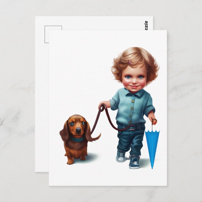 Little Boy Walking his Dachshund Postcard Art (Front/Back)