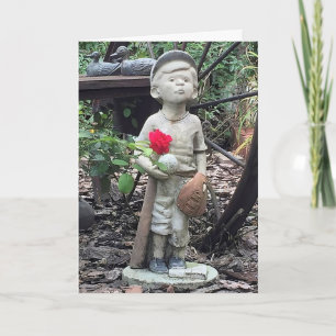 Little Boy With Baseball and Rose Card