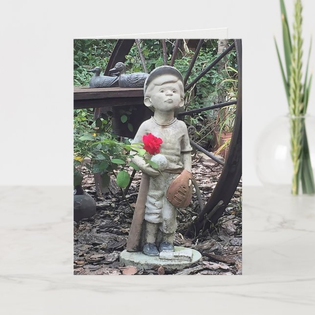 little boy with baseball statue and red rose card (Front)