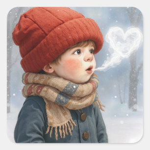 Little Boy with Frosty Heart Breath Square Sticker