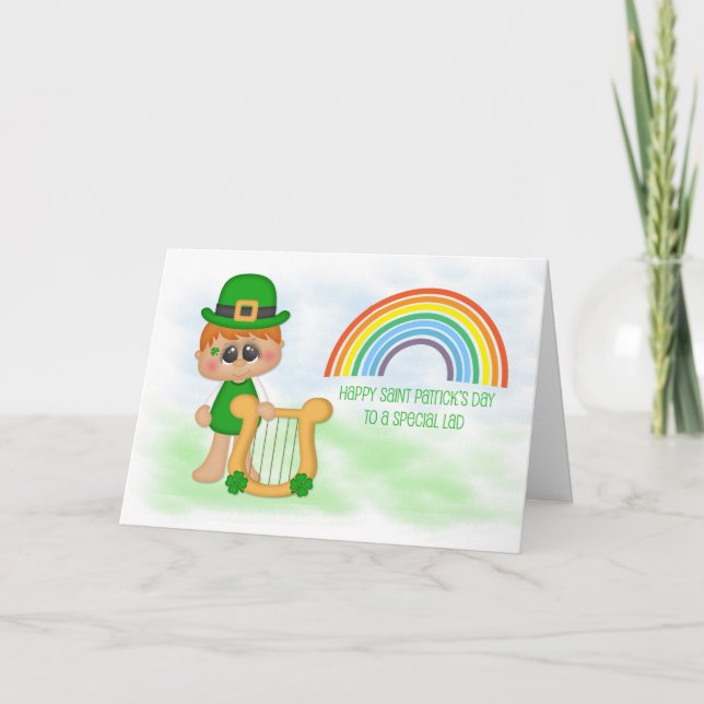 Little Boy with Harp, Rainbow, Saint Patrick's Day Card (Front)