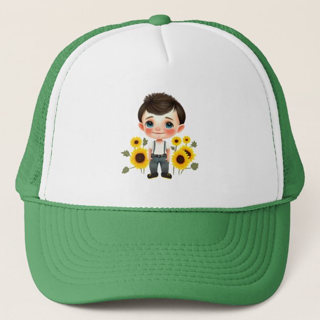 Little boy with sunflowers trucker hat (Front)