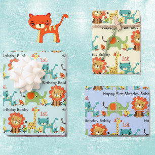 Little Boy's Birthday Name & Age Lion Giraffe 3 Wrapping Paper Sheet