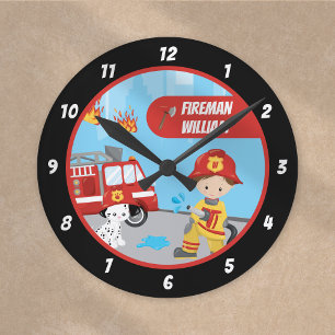 Little Boy's Cartoon Fireman with First Name Black Round Clock
