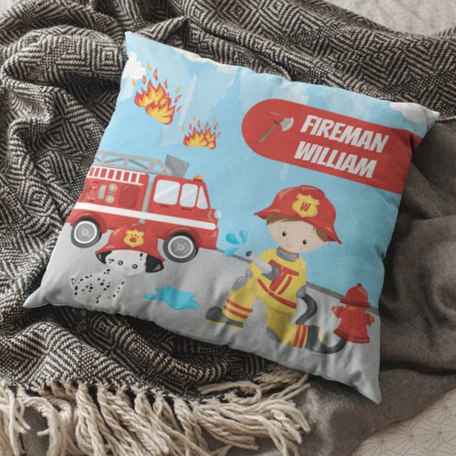 Little Boy's Cartoon Fireman with First Name Cushion (Creator Uploaded)
