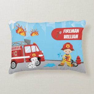 Little Boy's Cartoon Fireman with First Name Decorative Cushion