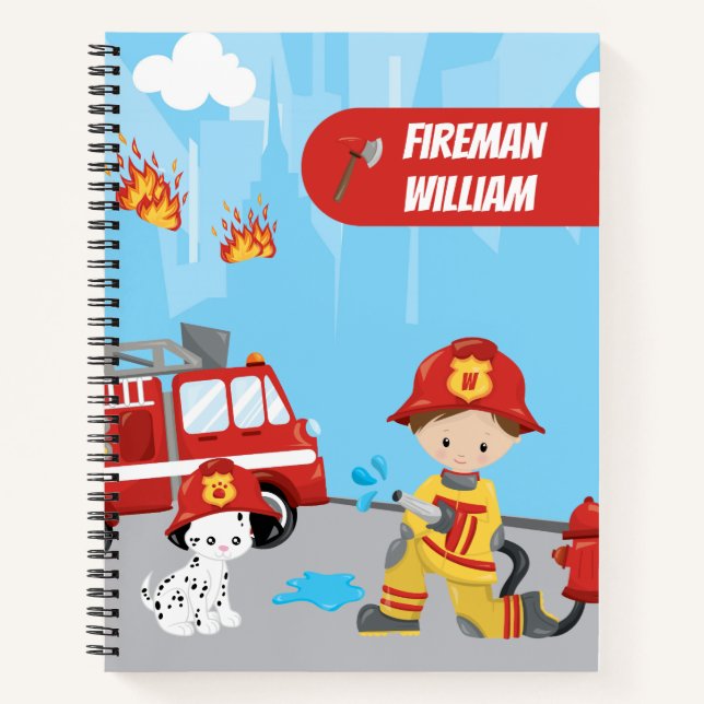 Little Boy's Cartoon Fireman with First Name Notebook (Front)